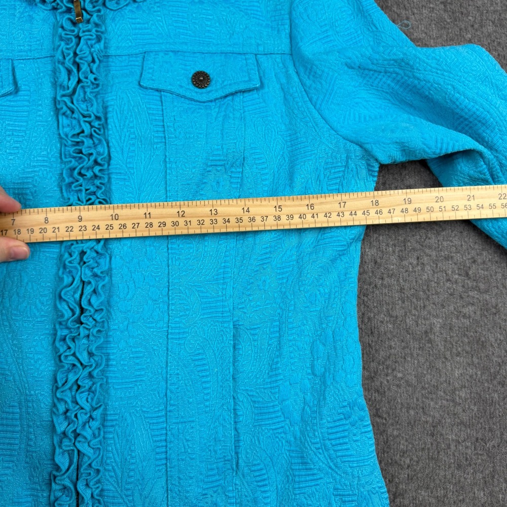 Ruby Rd Women's Turquoise Blue Textured Ruffle Zip Front Jacket Size 6 - Picture 4 of 5